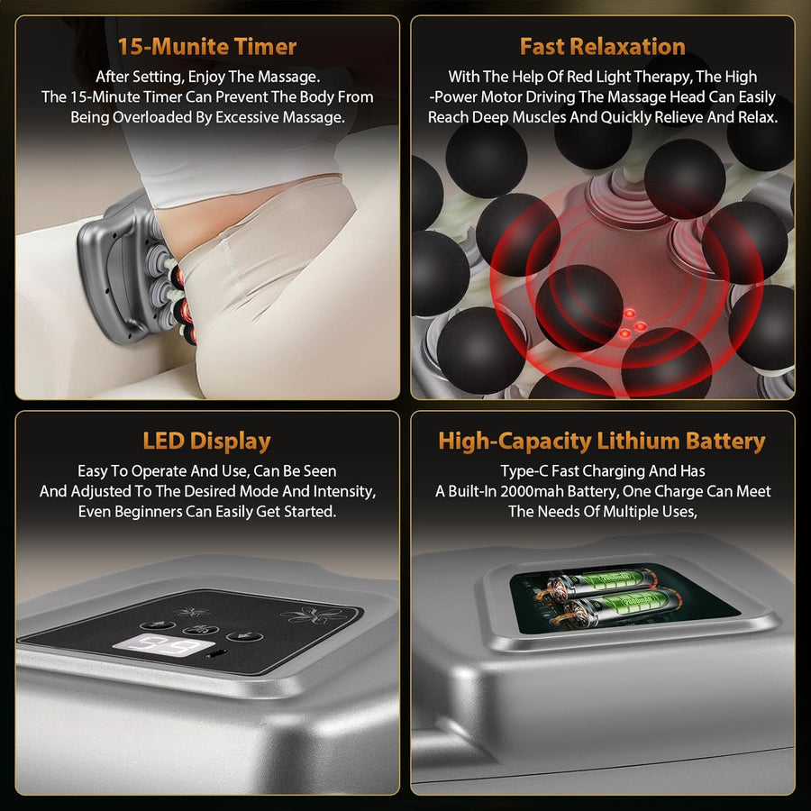 Pistolet de massage à 16 têtes, 100 niveaux et 9 modes Massage Gun Deep Tissue, avec lumière rouge pour soulager, batterie 2000 mAh, appareil de massage dorsal 30 kg de poussée