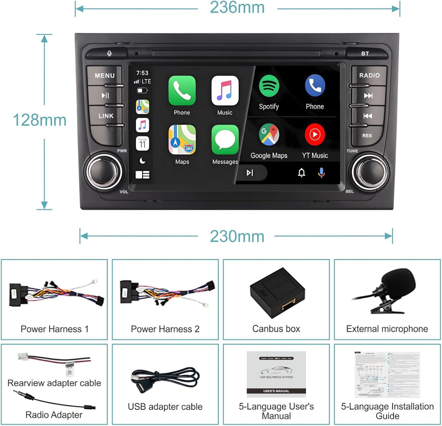 Autoradio Audi A4 B6/B7 2004-2008,avec Système Linux & Écran IPS 7",CarPlay sans Fil et Android Auto Intégrés,Commandes au Volant d'origine,Bluetooth 5.0,RDS AM/FM,USB,EQ/DSP & Puissance Élevée