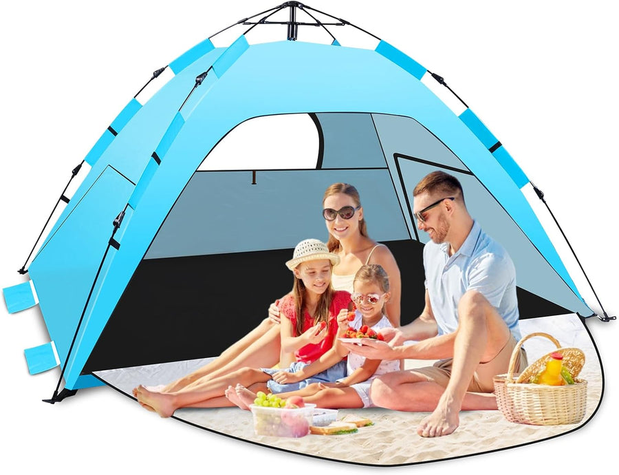 Tente de plage instantanée automatique Quick Up avec véranda extensible 3, protection UV 50+ contre le vent pour la plage, la famille, le jardin, le camping - Bleu