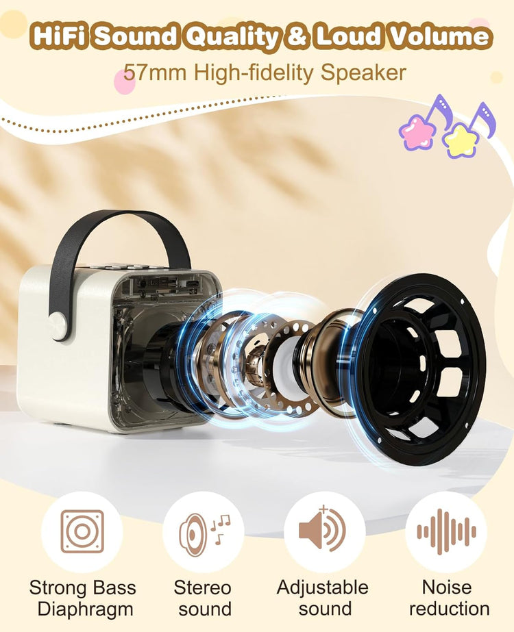 Karaoke Portable Bluetooth LED avec 2 Microphones pour Enfants et Adultes Jeux Fête BEIGE