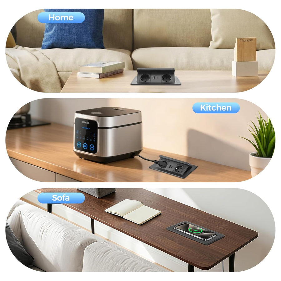 Prise Encastrable Plan de Travail, Multiprise Plate avec USB C PD 20 W et 15 W, Multiprise Encastrable Sans Fil, Prise Escamotable pour Cuisines Bureaux Salle de Réunion, 1.8M Câble