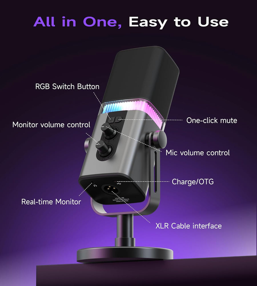 Micro Podcast Dynamique 192KHz/32bit pour PC, USB & XLR avec RGB, Pied, Muet, Tout Métal, Gain/Volume, Micro Gamer pour Livestreaming