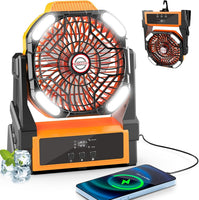 Ventilateur Batterie pour Camping 20000mAh, Puissant Silencieux avec Lumière LED et Crochet 4 Vitesses Réglables, Ventilateur USB sans fil portable rechargeable