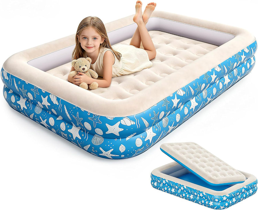 DeeprBling 2-en-1 Matelas Gonflable Enfant, Lit Gonflable, 158×99×25 cm Lit Gonflable Enfant avec Barrières de Sécurité, Lit de Voyage, Surface Floculée,Lit Gonflable pour Maison,Sans Pompe Fournie