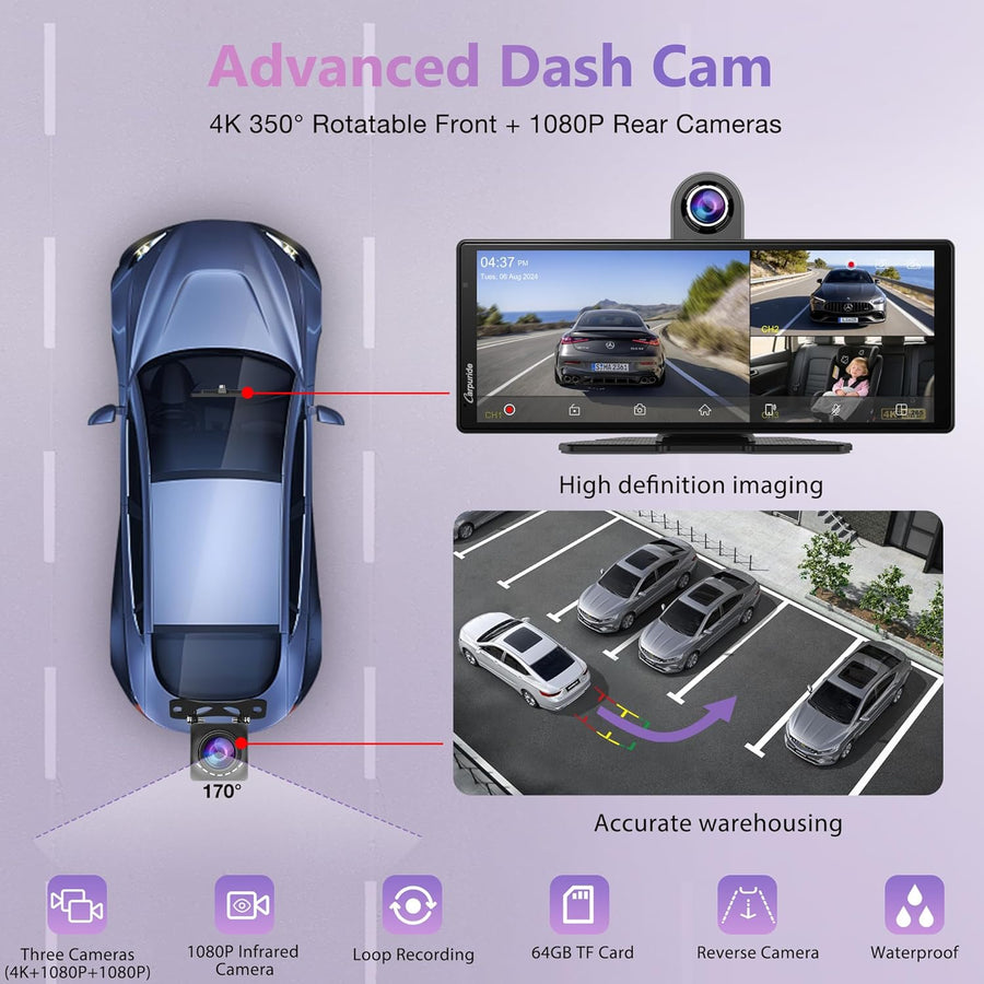 Écran sans Fil CARPURIDE W903S2 9,3 Pouces HD Compatible CarPlay et Android Auto, Avant 4K + Arrière Filaire 1080p + Caméra Infrarouge, avec Enregistrement, BT, Commande Vocale, et Carte TF 64 Go