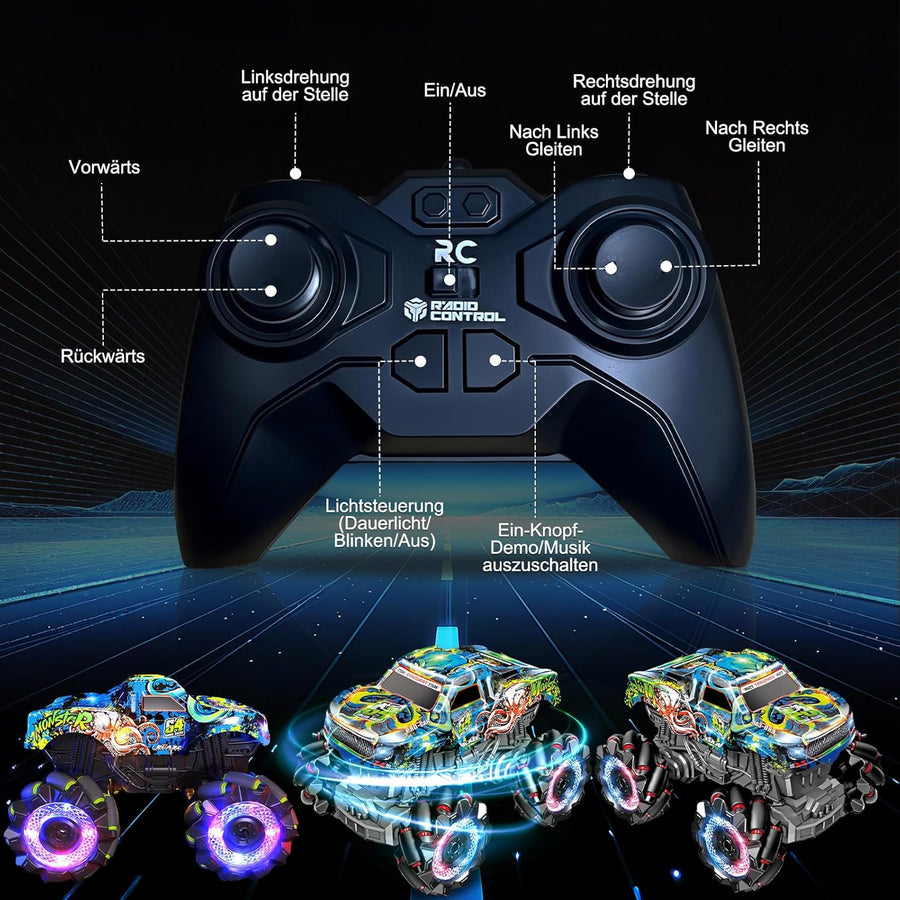 Monster truck télécommandé avec pneus lumineux et musique, 2,4 GHz, rotation à 360 °, camion Monster Truck 1/20 avec 2 batteries 50 min d'autonomie