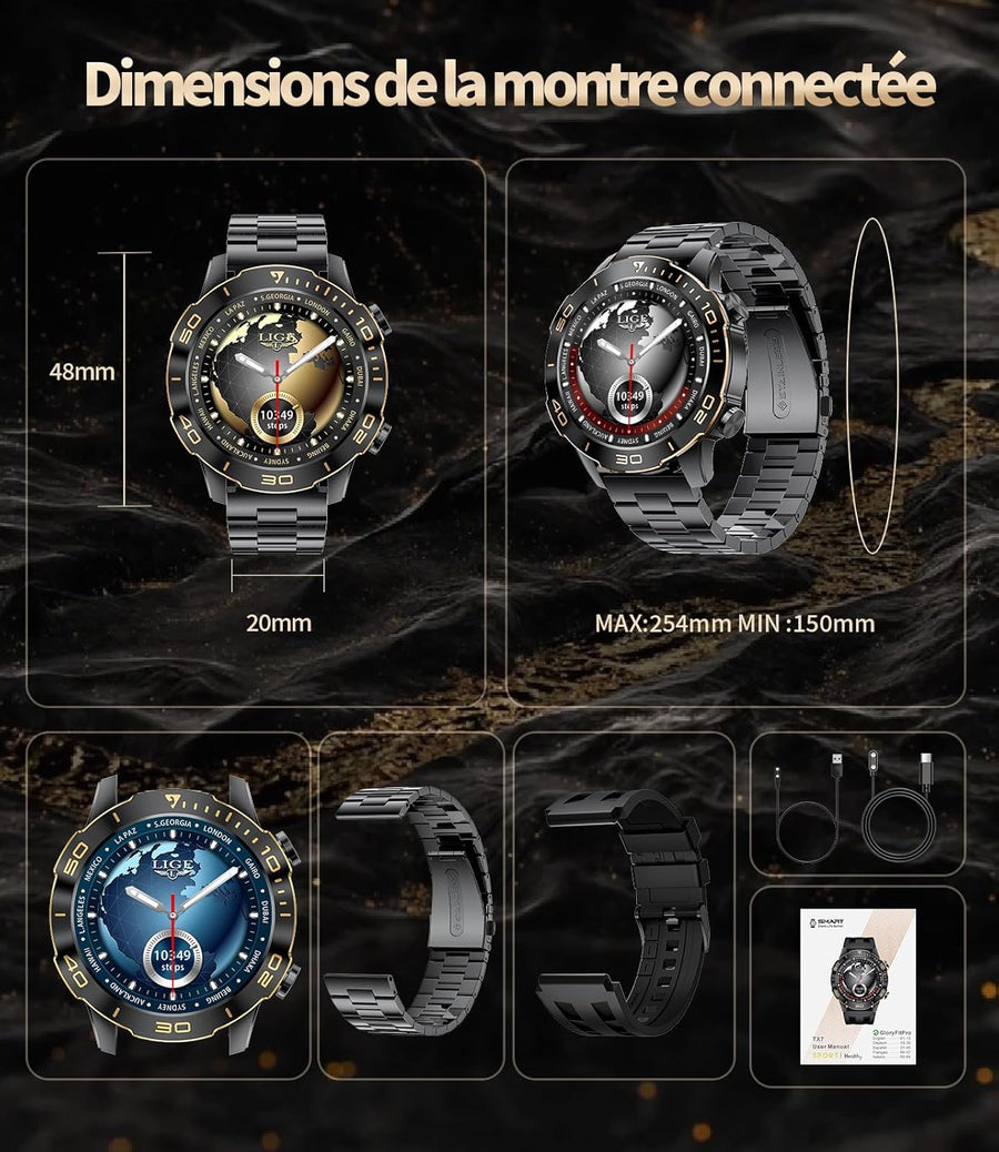 Montre Connectée Homme Militaire,1.43‘’ Grand Écran avec Appels/500mAh Longue Autonomie Batterie/Lampe de Poche/IP68 Étanche Fréquence Cardiaque/Pédomètre,2 Bracelet Smartwatch pour Android iOS