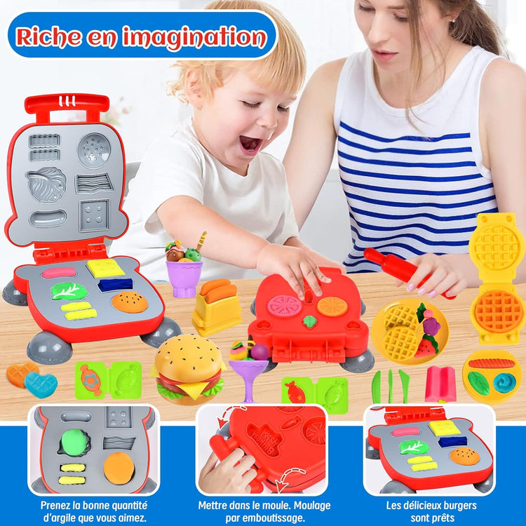 Set Pate A Modeler pour Enfants Création Hamburgers Pâtes Crème Glacée Accessoires et x12 Pots