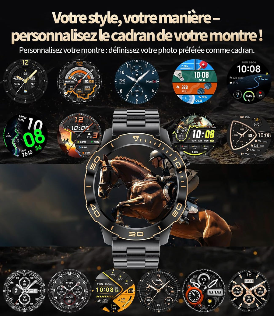 Montre Connectée Homme Militaire,1.43‘’ Grand Écran avec Appels/500mAh Longue Autonomie Batterie/Lampe de Poche/IP68 Étanche Fréquence Cardiaque/Pédomètre,2 Bracelet Smartwatch pour Android iOS
