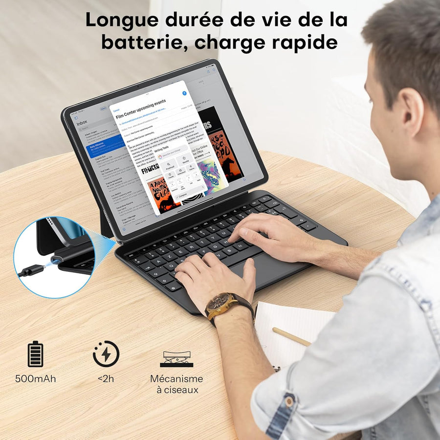 Clavier pour iPad Air 11 (M3/M2, 2025/2024)/Air 5/4 AZERTY ISO-FR, Magic Keyboard pour iPad Pro 11" (4/3/2/1 Gen) avec Pavé Tactile Pleine Surface, Rétroéclairé Réglable