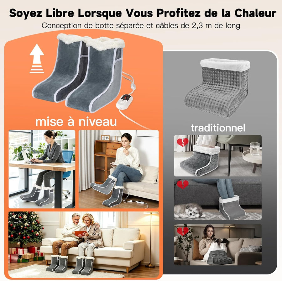 Chauffe-pieds Électrique avec Ouverture Élastique, Design Séparé Chausson Chauffant Électrique, 6 Températures, 4 Minuteurs, Câble de 2,3 m, Réchauffement Rapide pour les Pieds Froids
