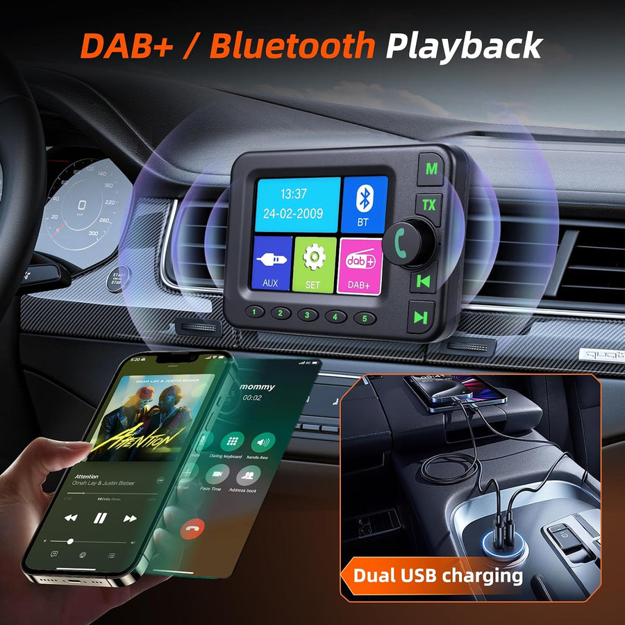 Adaptateur Dab pour Autoradio, Plug&Play Adaptateur Dab+ Voiture Récepteur DAB Portable avec Bluetooth Mains Libres, Emetteur Bluetooth pour Voiture avec Ecran LCD 2,8 Pouces, AUX et USB