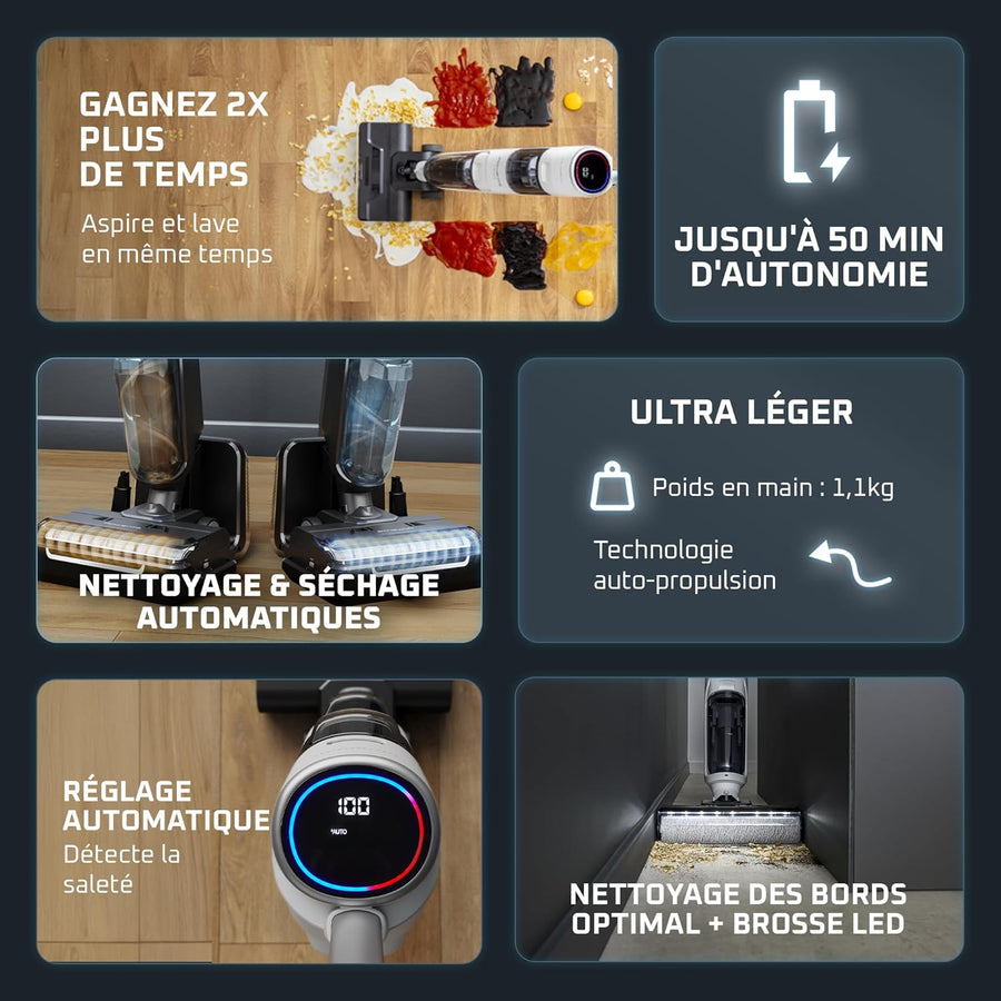Rowenta X-Clean5, Aspirateur laveur sans fil, Nettoyage 2-en-1, Mode de détection Auto, Éclairage LED, Auto-nettoyage, Séchage air chaud
