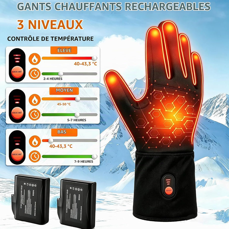Gant Chauffants Taille L Rechargeables 7,4 V 22,2 Wh Gants chauffants, chauffage rapide, écran tactile pour la conduite, ski, camping et la randonnée