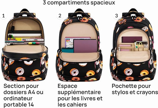 Sac à Dos Scolaire Cartable Ultra Léger Résistant Imperméable Motif NOIR / DONUTS