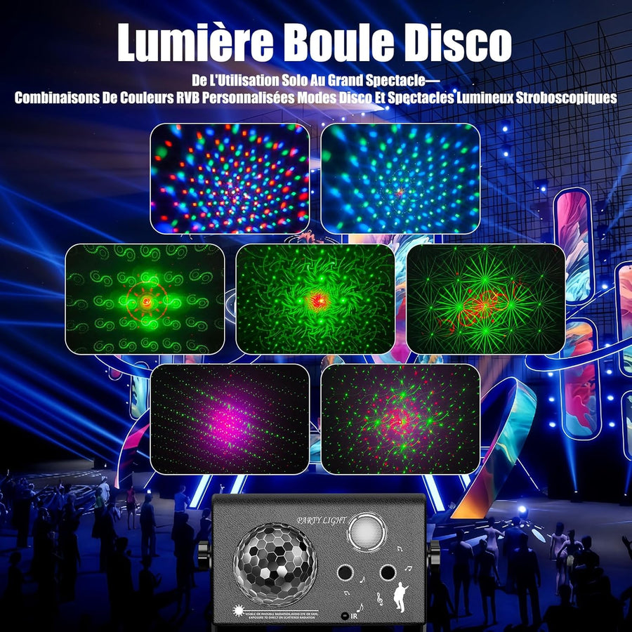 Jeux de Lumiere et Fête 3-en-1 avec Télécommande, Contrôle par Musique & Contrôle Vocal – Lumière Disco avec Stroboscope, LED RVB, Effet Boule Disco et 72 Motifs