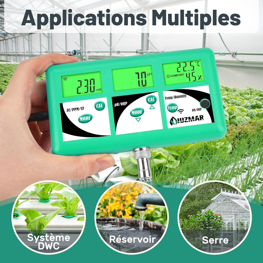 Moniteur pH EC TDS pour Hydroponie, 7 en 1 pH EC PPM CF Température Testeur D'humidité De L'air Pour L'aéroponie, Contrôler La Conductivité pH De La Solution Nutritive Hydroponique
