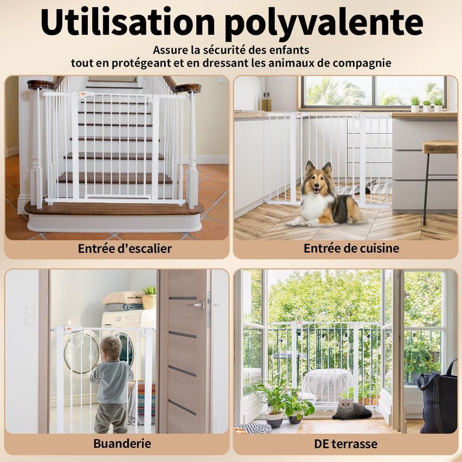 Barriere de Securite Enfant, sans perçage, Extra Haute, 92 cm de Hauteur, 75 à 124 cm de Large, avec 3 rallonges, pour Enfants, Chiens et Chats, Fermeture Automatique et arrêt à 90° BLANC