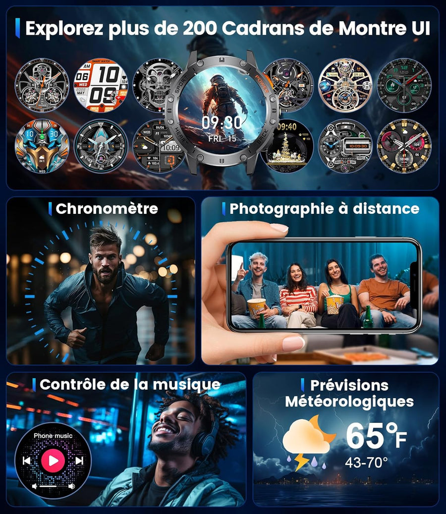 Montre Connectée Homme avec Appels Bluetooth/530 mAh, 1,43" HD AMOLED Smartwatch Homme avec 120+ Modes Sportifs/Moniteur de Fréquence Cardiaque/Sommeil/SpO2, IP68 Étanche Podomètre Android iOS