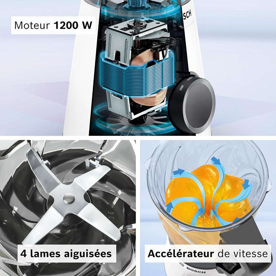 Bosch Blender VitaPower Série 4, MMB4151W, mixeur smoothies, 1200 W, 30 000 tr/min, lames en acier inoxydable, bol Tritan, 2 vitesses et fonction turbo