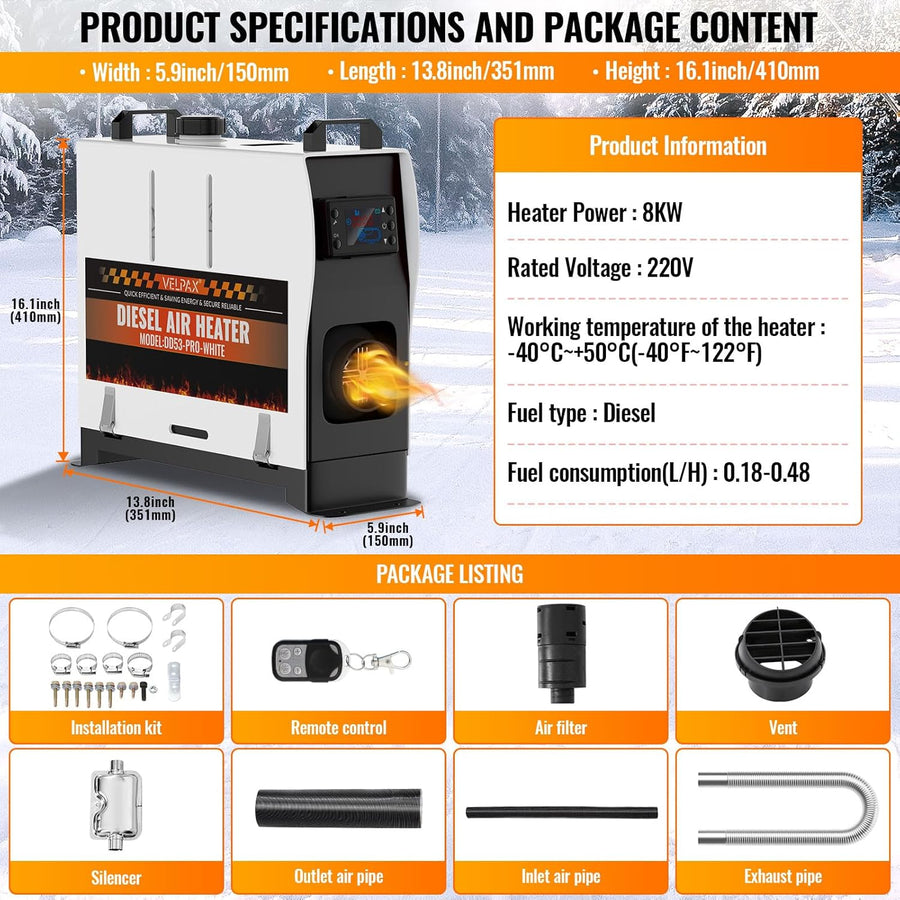 Chauffeur Diesel 8KW 110VChauffeur à air Diesel Portable, avec Télécommande Grand écran LCD,Intelligente Télécommande 18-40°CRéglable,pour RV Yacht, Camion, Famille,Bateau,etc