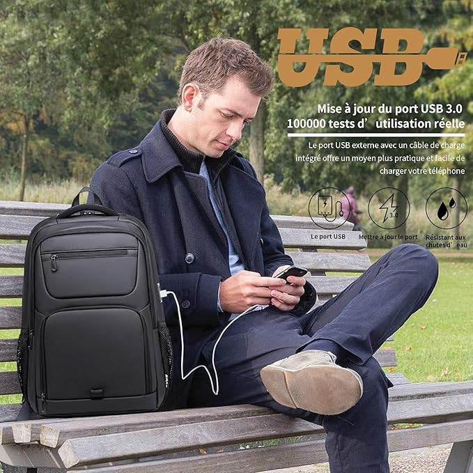 Sac à dos pour ordinateur portable de voyage pour hommes et femmes - 35 l - Noir - Avec port de charge USB - Étanque pour ordinateur portable de 15,6 po, tablette, ordinateur