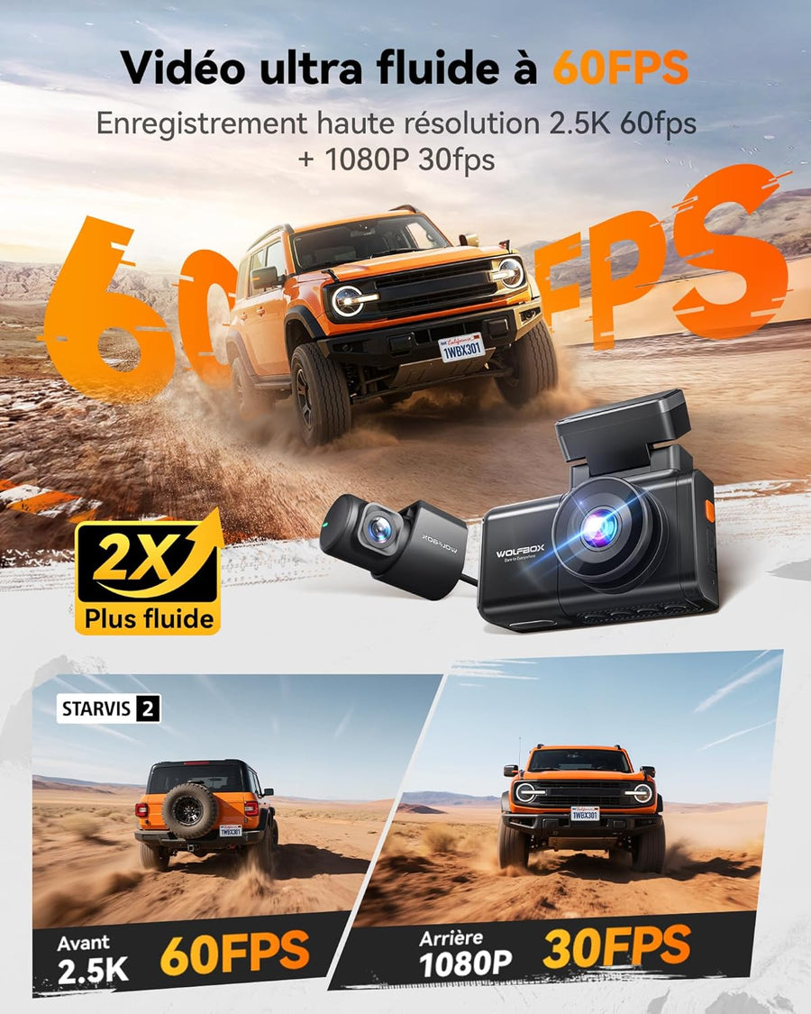 Dashcam Caméra embarquée 2,5 K 60 FPS 2,5 K + 1080P double caméra embarquée pour voiture avant arrière 5,8 GHz intégrée WiFi & GPS Carte 64 Go Écran tactile Capteur G Enregistrement