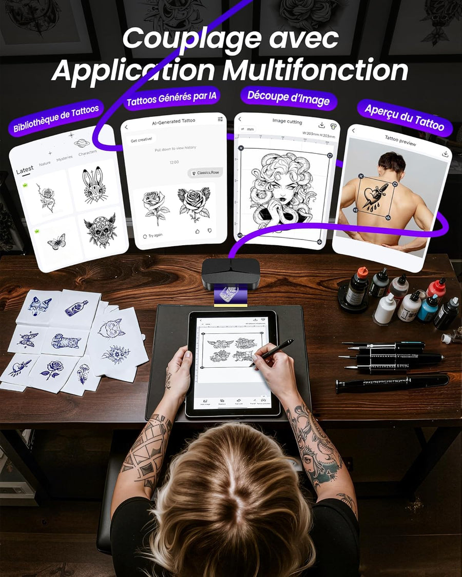 Mini Thermocopieur Tatouage pour Les Bras, Livré Avec 30 Feuilles de Papier Transfert 80x133 mm Idéal pour Les Petits Projets Créatifs, Imprimante Tatouage Bluetooth Compatible iPhone et iPad
