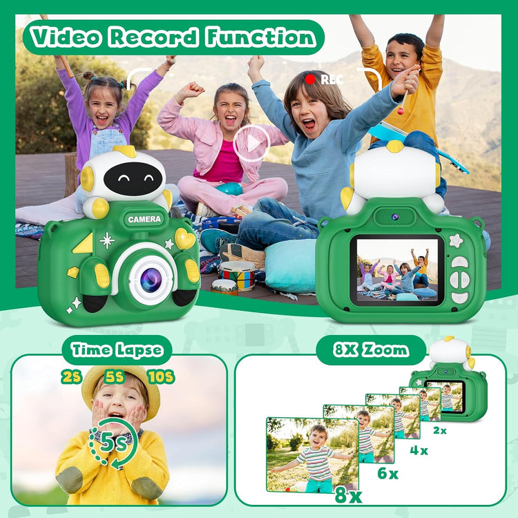 Appareil Photo Enfant Rechargeable Ecran LCD 2" Vidéo HD Carte SD 32Go Robot VERT