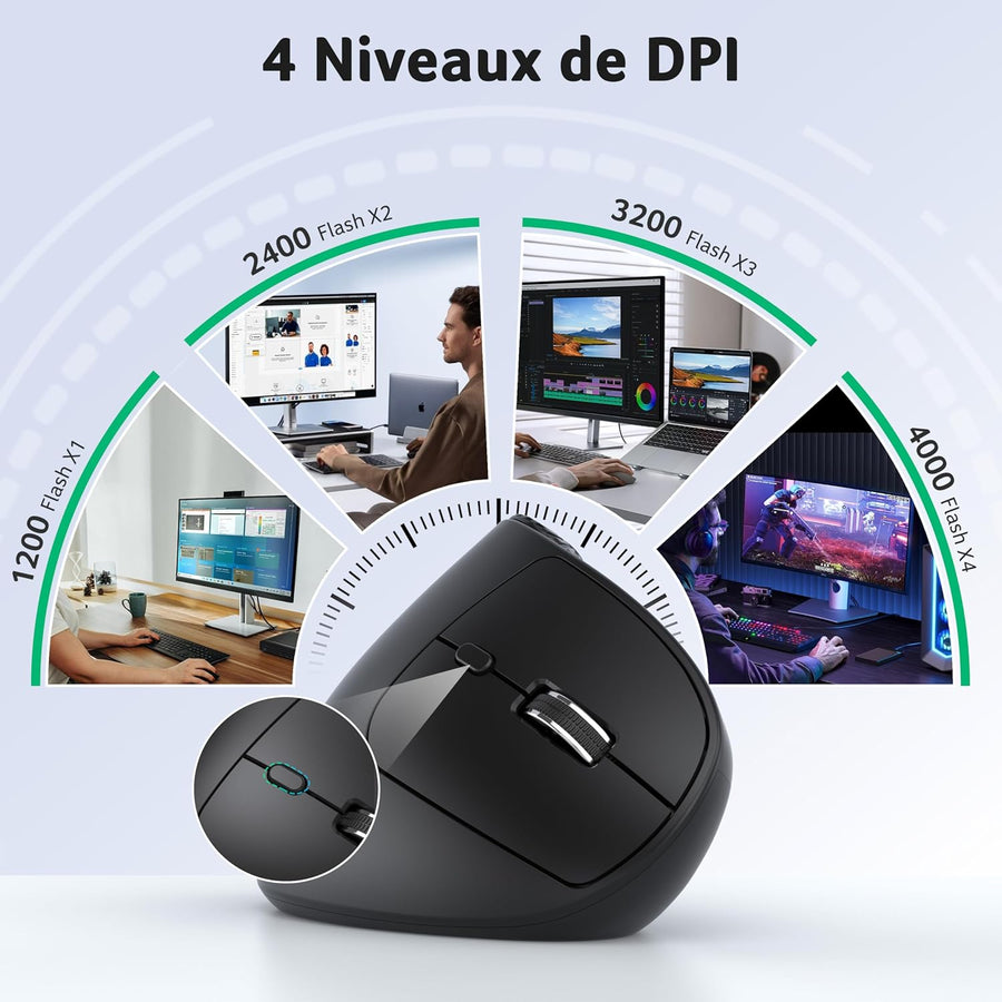 ACER Souris Ergonomique sans Fil avec Molette Défilement Latérale, Souris Verticale Bluetooth 4000 DPI (BT 5,2 + 2,4 GHz), Mouse Wireless, 8 Boutons, Récepteur USB pour iMac,PC