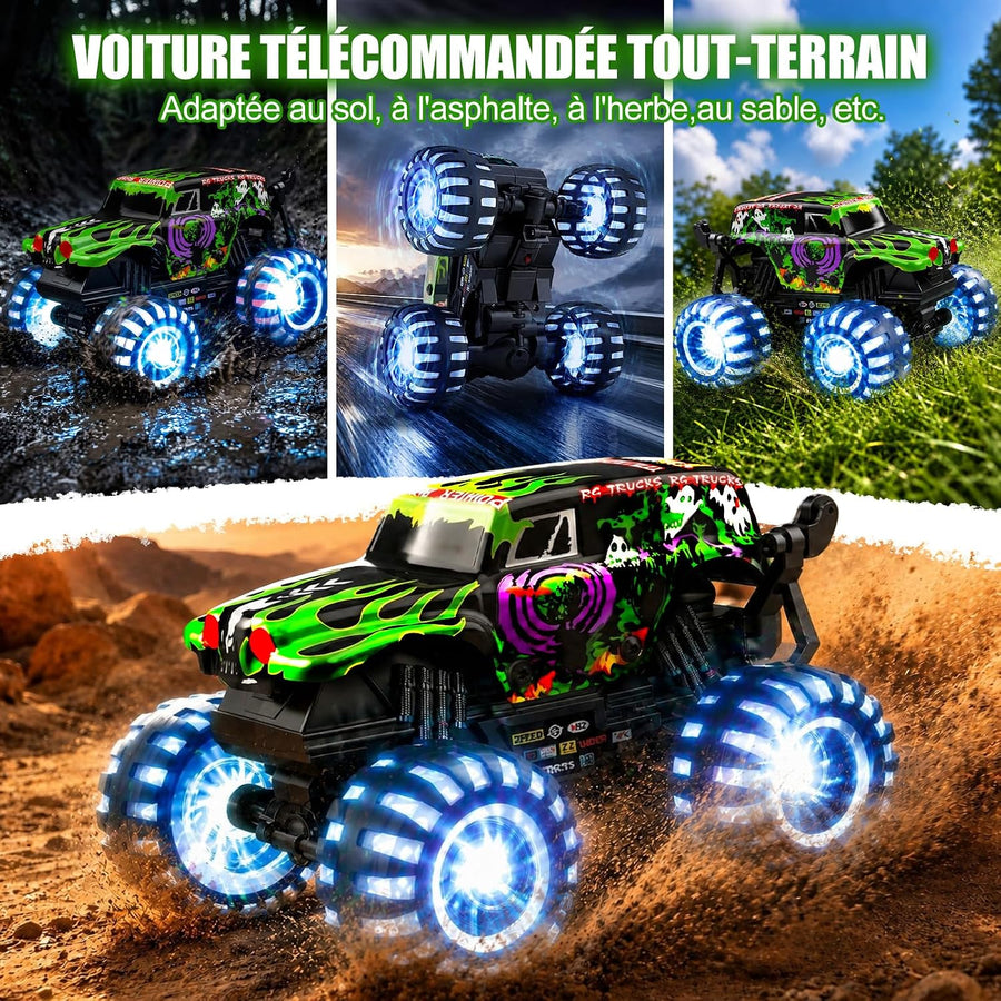 Monster Truck télécommandé avec pneus lumineux, rotation à 360°, cascade et Monstertruck télécommandé 1/20 avec 100 minutes de temps de jeu, 2,4 GHz, à partir de 3 ans