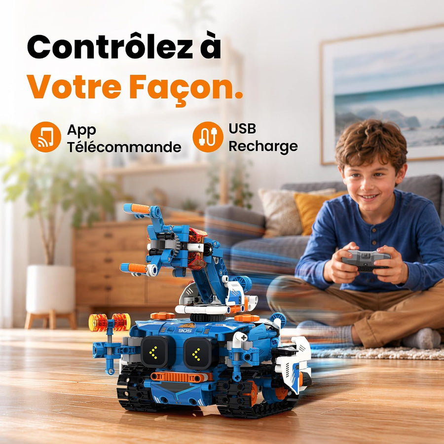 Robot Télécommandé Programmable Cadeau Garçon 8-12 Ans 5 en 1 Jeu de Construction STEM Robotique avec Yeux LED Interactifs, Cadeau d'Anniversaire Éducatif pour Enfants, 773 Pièces