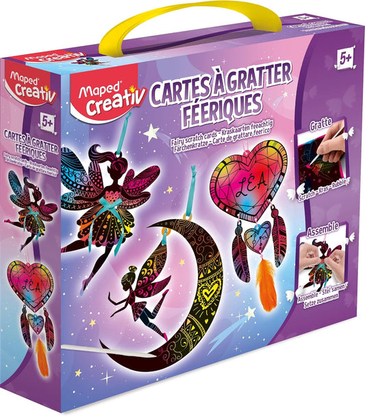 Maped Creativ - Coffret de Cartes à Gratter Féerique et Attrape-Rêves - 6 Cartes à Gratter plus Ruban plus Fils plus Plumes plus 1 Stylet