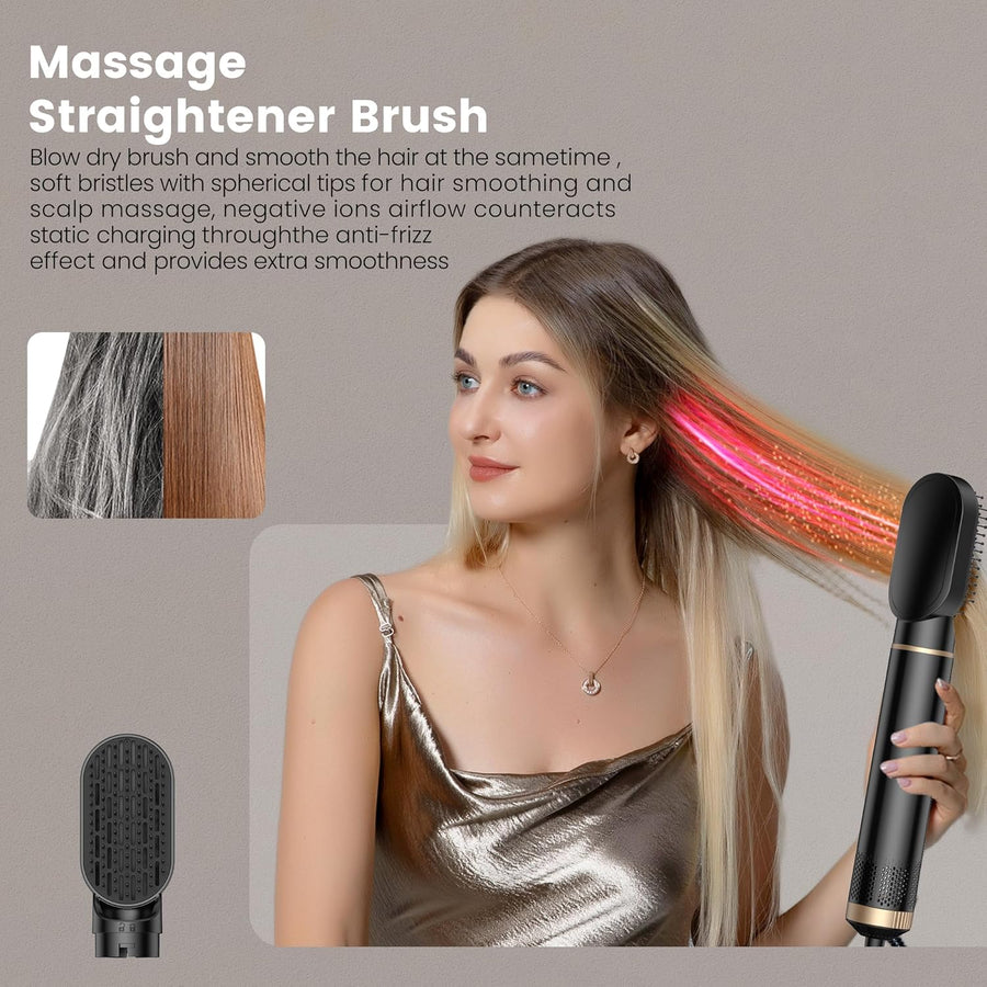 Seche Cheveux 5 en 1 Air Styler, Airbrush 5 en 1 avec Sèche Cheveux, Brosse Soufflante, Fer a Boucler, Air Brush, Brosse Lissante NOIR OR