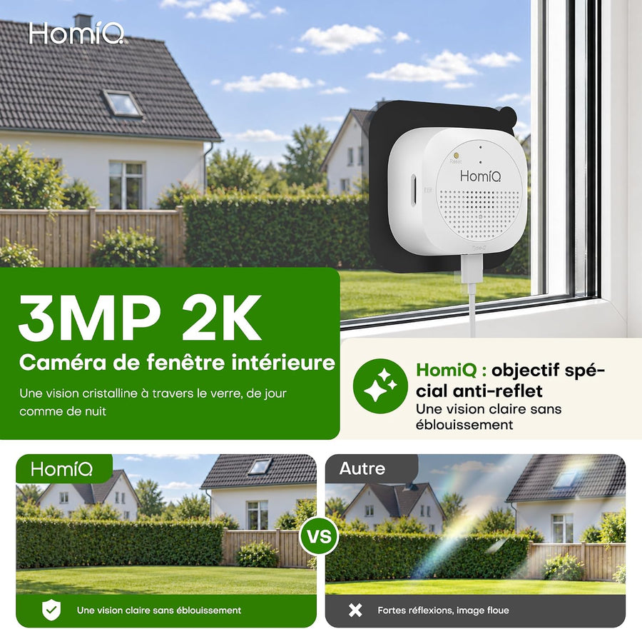 Caméra de Surveillance 3MP 2K, Vision Nocturne Couleur, sans Perçage Magnétique Camera Interieur Fenêtre Wi-Fi, Antireflet, Enregistrement 24/7, Détection Mouvement