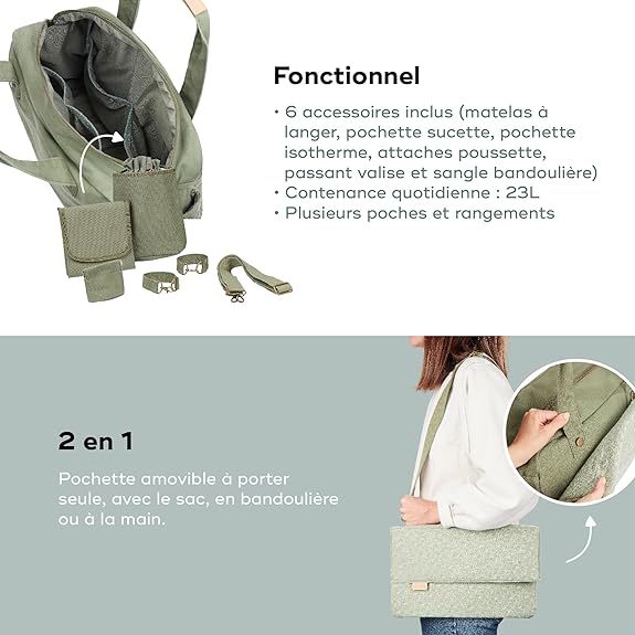Sac à Langer 23L Quotidien Nombreux Rangements Pochette Amovible 3L 6 Accessoires Inclus Matelas à Langer Pochette Isotherme Pochette Tétine VERT