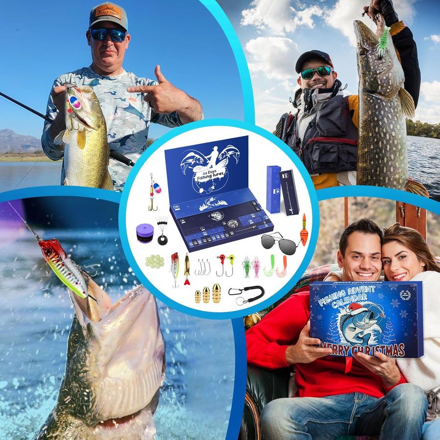 Calendrier de l'Avent 2025 Peche, Calendrier Compte à Rebours Noel avec 24 Outils et Equipements de Pêche, Cadeau Surprise Noël