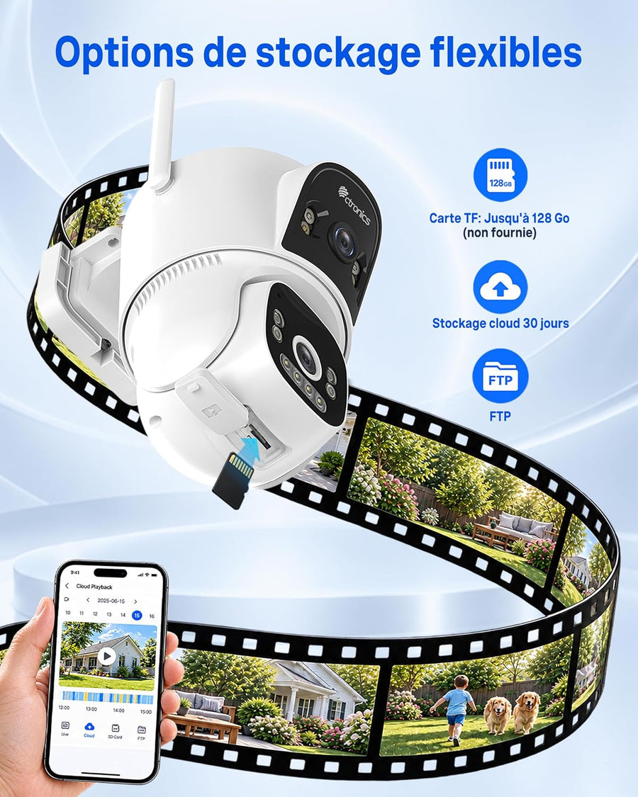 Ctronics 4G LTE AOV Camera Exterieur sans Fil Solaire, Camera sans WiFi Caméra de Surveillance Extérieur à Double Objectif 2K, Suivi Automatique, Enregistrement 24/7, Détection IA, Camera Carte Sim