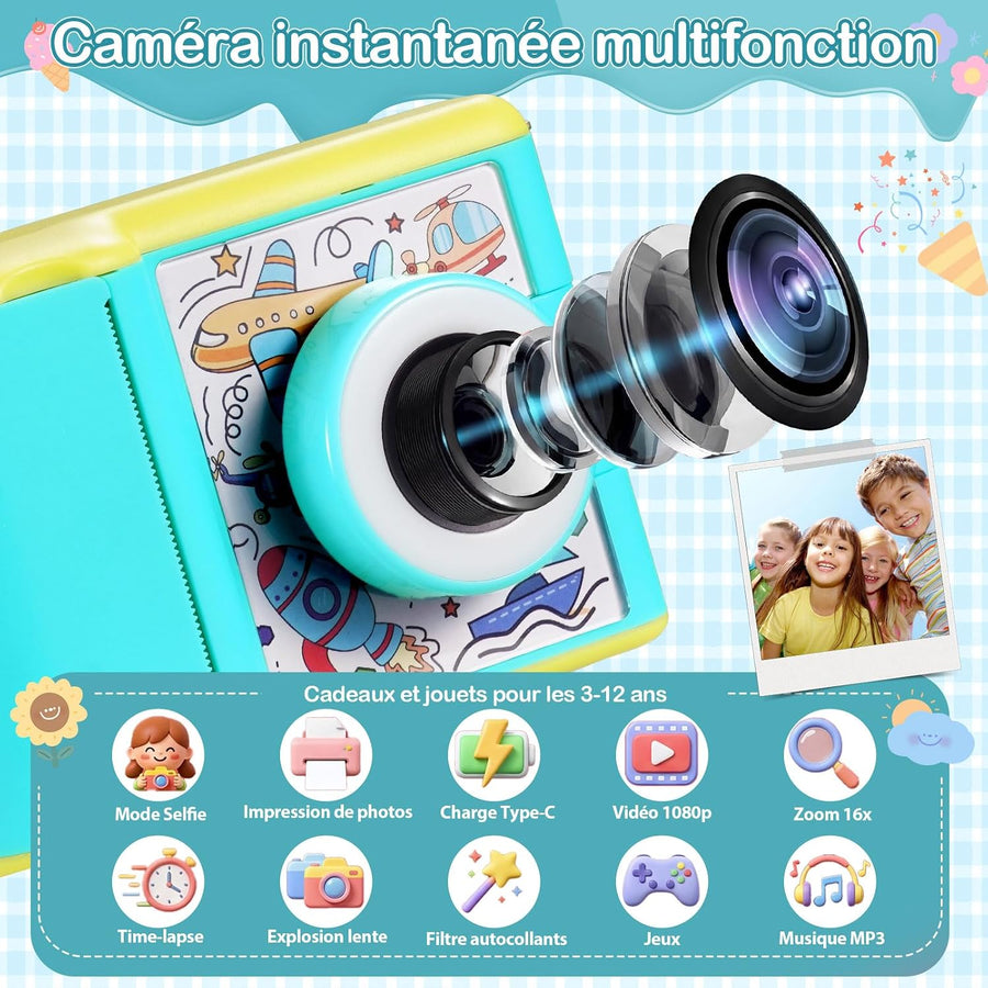 Appareil Photo Instantané Enfant - Caméra Écran IPS 2,4" - Modes Selfie & Vidéo - 32 Go + 3 Rouleaux Papier Photo BLEU