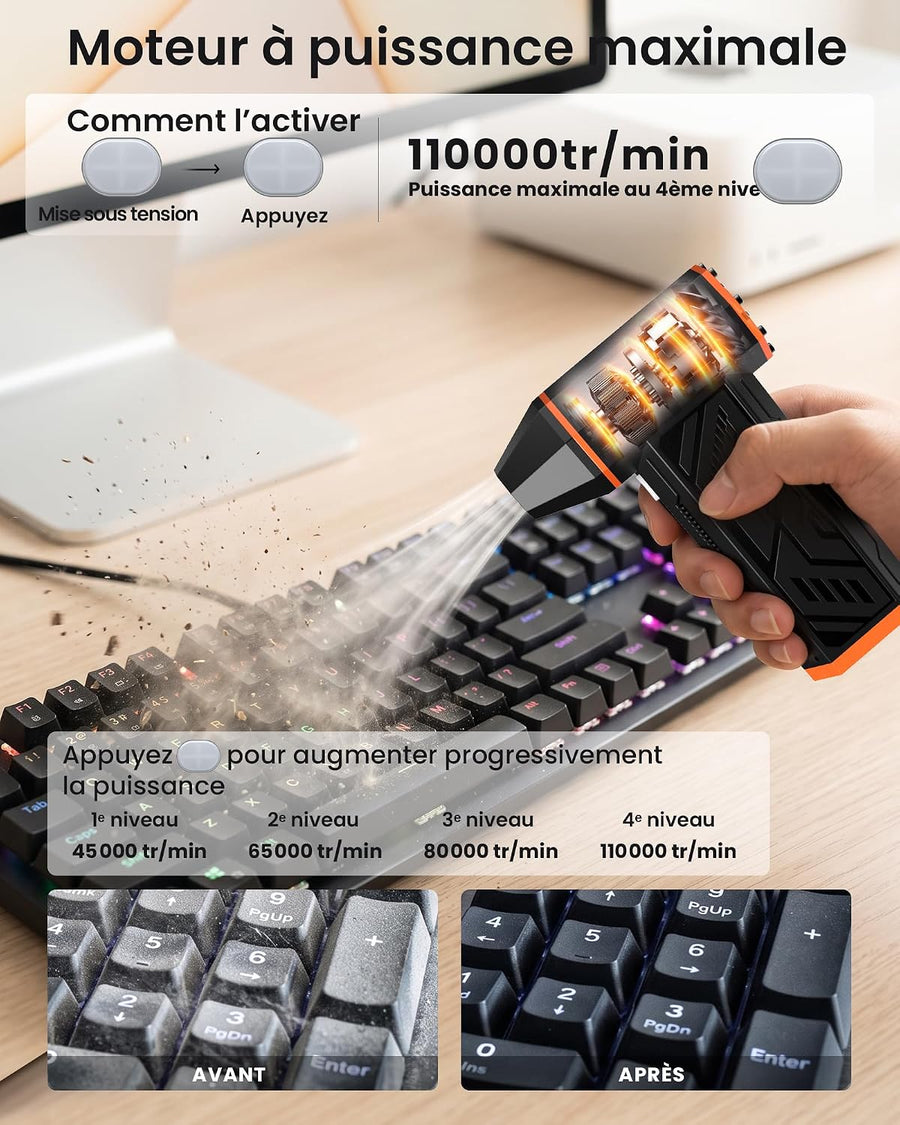 Souffleur Air Comprimé 110000 TR/Min, Soufflette Électrique avec Batterie 2000 mAh, Mini Souffleur Puissant avec 4 Niveaux de réglage, idéal pour Nettoyer PC, Clavier, Voiture