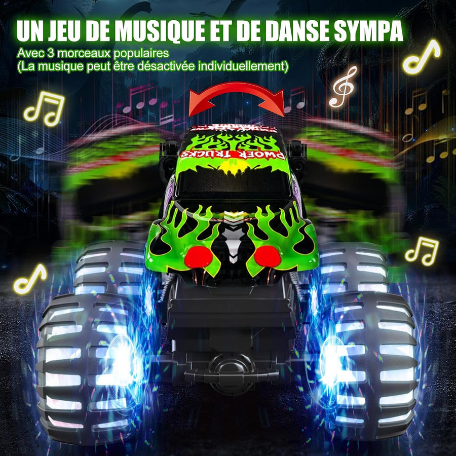 Monster Truck télécommandé avec pneus lumineux, rotation à 360°, cascade et Monstertruck télécommandé 1/20 avec 100 minutes de temps de jeu, 2,4 GHz, à partir de 3 ans