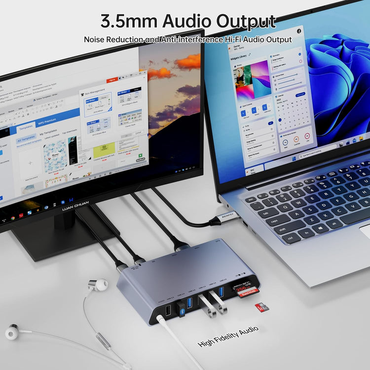 Station Accueil USB 3.0 12en1 DisplayLink Double Ecran HDMI 6 Ports USB Lecteur Carte SD/TF Réseau Ethernet Gigabit Prise Casque 3,5mm Compatible Windows et Mac