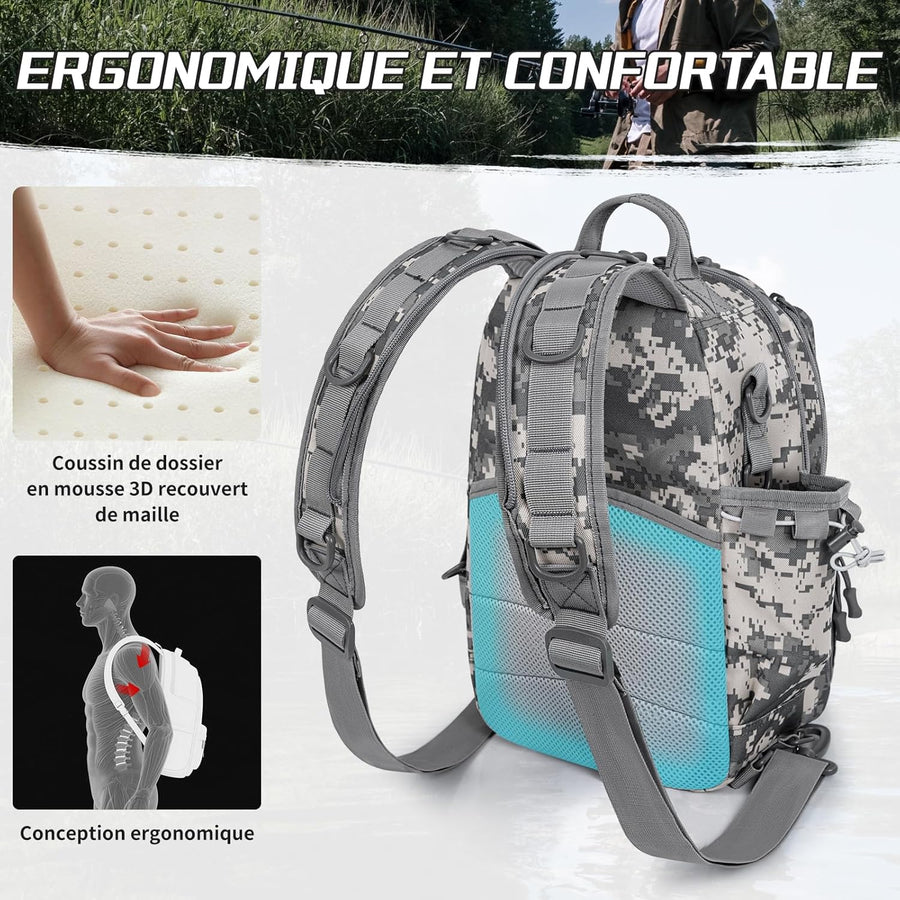 Sac à Dos de Pêche avec Support de Canne à Pêche, Sac de Pêche Portable en Bandoulière, Sac de Pêche Imperméable et Multi-Poches pour Pêche, Randonnée et Voyage