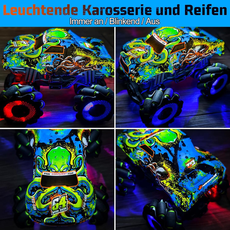 Monster truck télécommandé avec pneus lumineux et musique, 2,4 GHz, rotation à 360 °, camion Monster Truck 1/20 avec 2 batteries 50 min d'autonomie