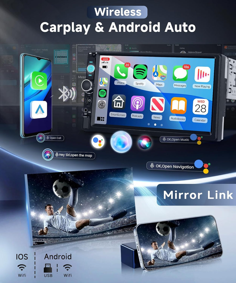 Autoradio 1 Din avec Carplay Android Auto sans Fil, 7 Pouces IPS HD Écran Tactile Poste Radio Voiture Soutien Bluetooth Radio FM EQ USB/TF/AUX Mirror Link SWC Caméra de Recul