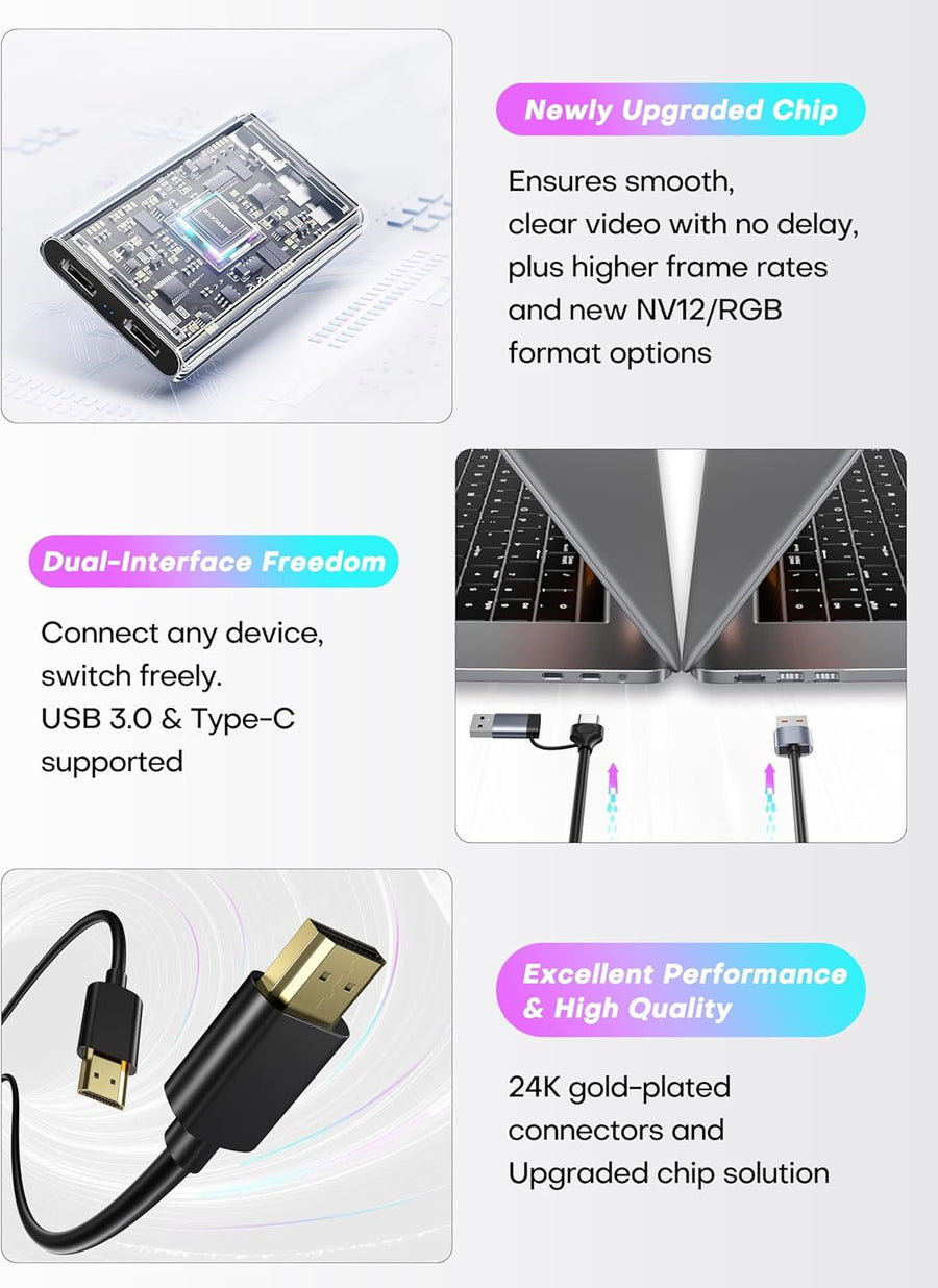 Carte de Capture vidéo, USB 3.0 Carte de Capture 4K HDMI Loop-Out, 4K 60FPS/1080P 240FPS Capture de Jeu vidéo pour Fonctionne pour PS5/caméra/PC/streaming