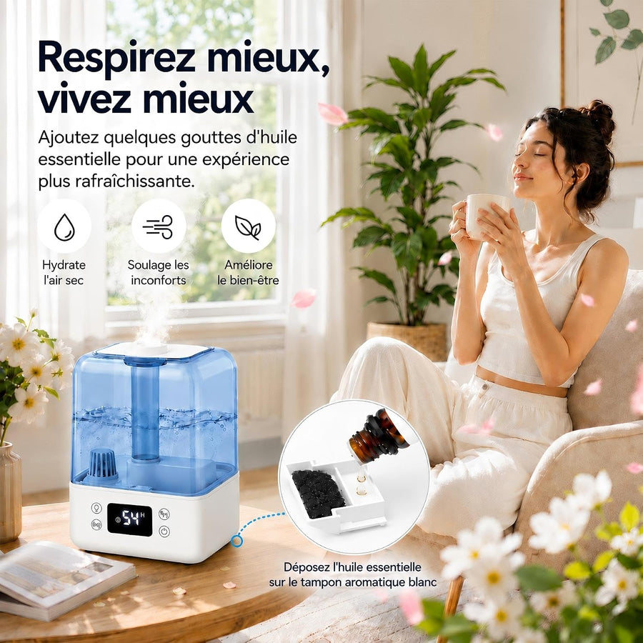 Humidificateur D'air 5L Chambre Plante, Dificateur 22dB Calme, pour 40m² mini Humidificateur d air Bebe, Minuteur 12h, Mode Sommeil, Verrouillage Enfant, Fonction Arôme, avec Hygromètre
