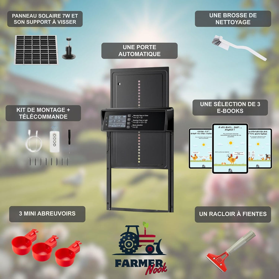 Porte Automatique Poulailler, Écran LED et Sécurité Anti-Écrasement, 3 abreuvoirs, Charge USB et Secteur, Capteur de Lumière et Minuterie, Porte Poulailler Automatique Solaire Panneau 7W en Alu