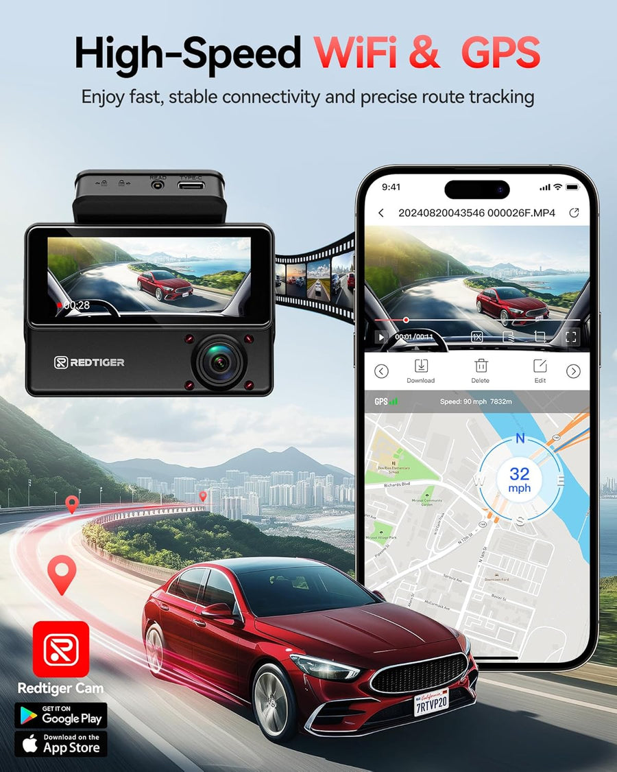 REDTIGER 530° Dashcam Voiture 3 Canaux,Caméra pour Voiture 2,5K+2,5K+1080P avec Carte 128 Go, Vision Nocturne IR, Écran Tactile, Dashcam pour Avant,Inclus WiFi GPS, Mode Parking 24H
