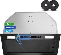 Hotte Aspirante Encastrable 52cm, A++,Commande Gestuelle,450m³/h Commande gestuelle, Tactile+Boost, Arrêt différé 5 min, A++, Moteur sans balais 55W,Filtres charbon incl., LED,Tuyau alu 2m